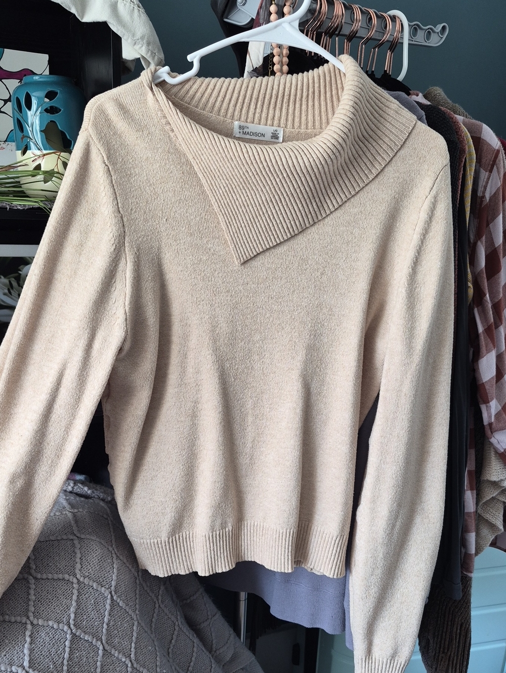 Madison Cream Asymmetrical Ribbed Cowl-Neck Sweater